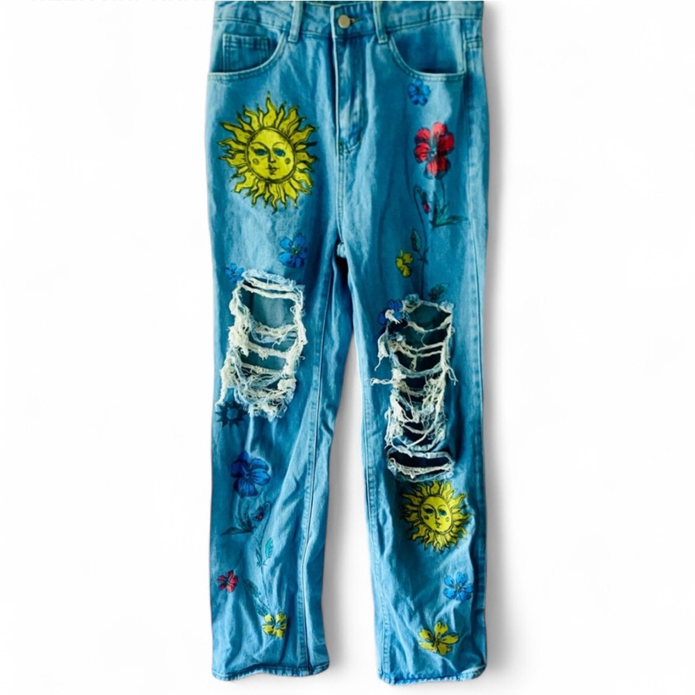 SHEIN DESTROYED SUN & TROPICAL FLOWER PRINT HIGH RISE STRAIGHT JEANS BOHO SIZE 4